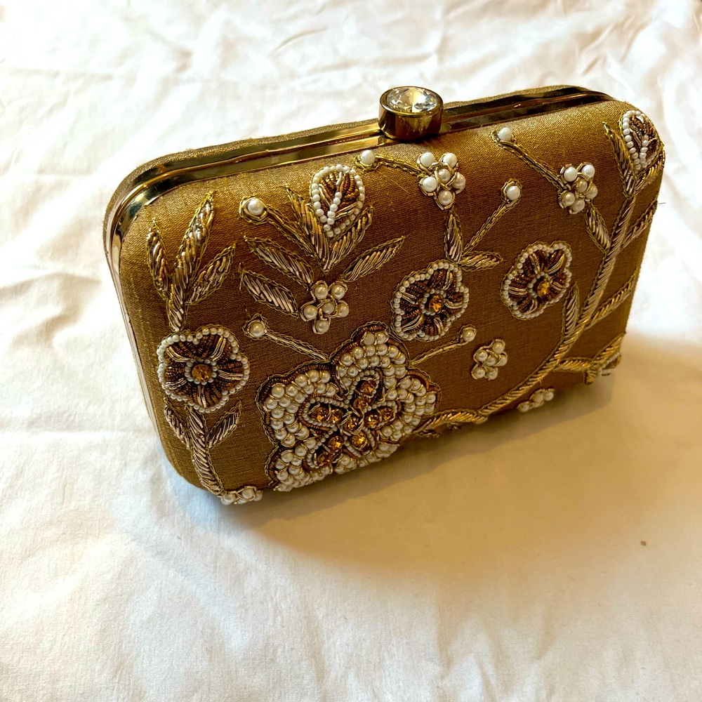 Raw silk gold clutch bag with pearl embellishments
